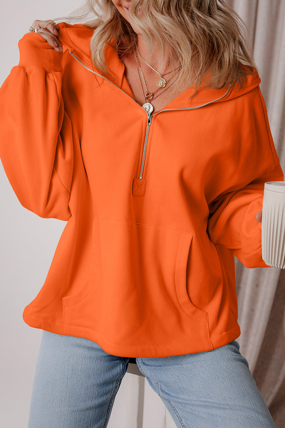 Fleece Lined Half Zipper Kangaroo Pockets Loose Hoodie | Orange