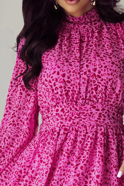 Leopard Puff Sleeve Knotted High Neck Ruffle Dress | Rose