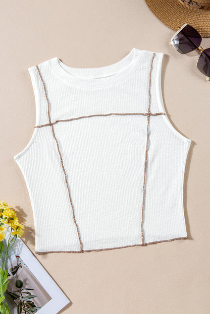 Contrast Seams Ribbed Tank Top | White