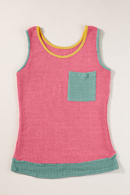 Colour Block Patched Pocket Breathable Knit Tank Top | Strawberry Pink