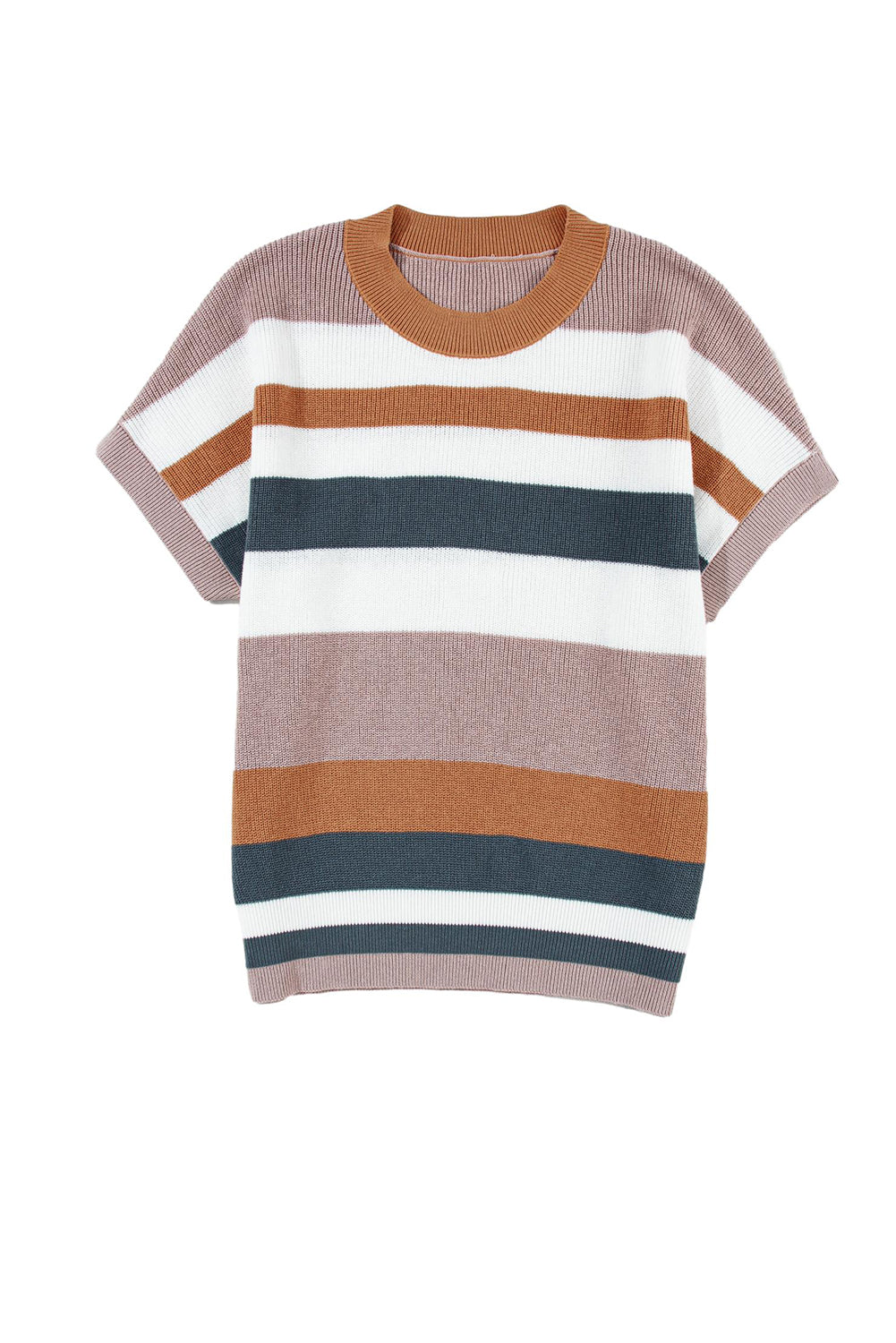 Striped Knit Crew Neck T Shirt Sweater | Camel