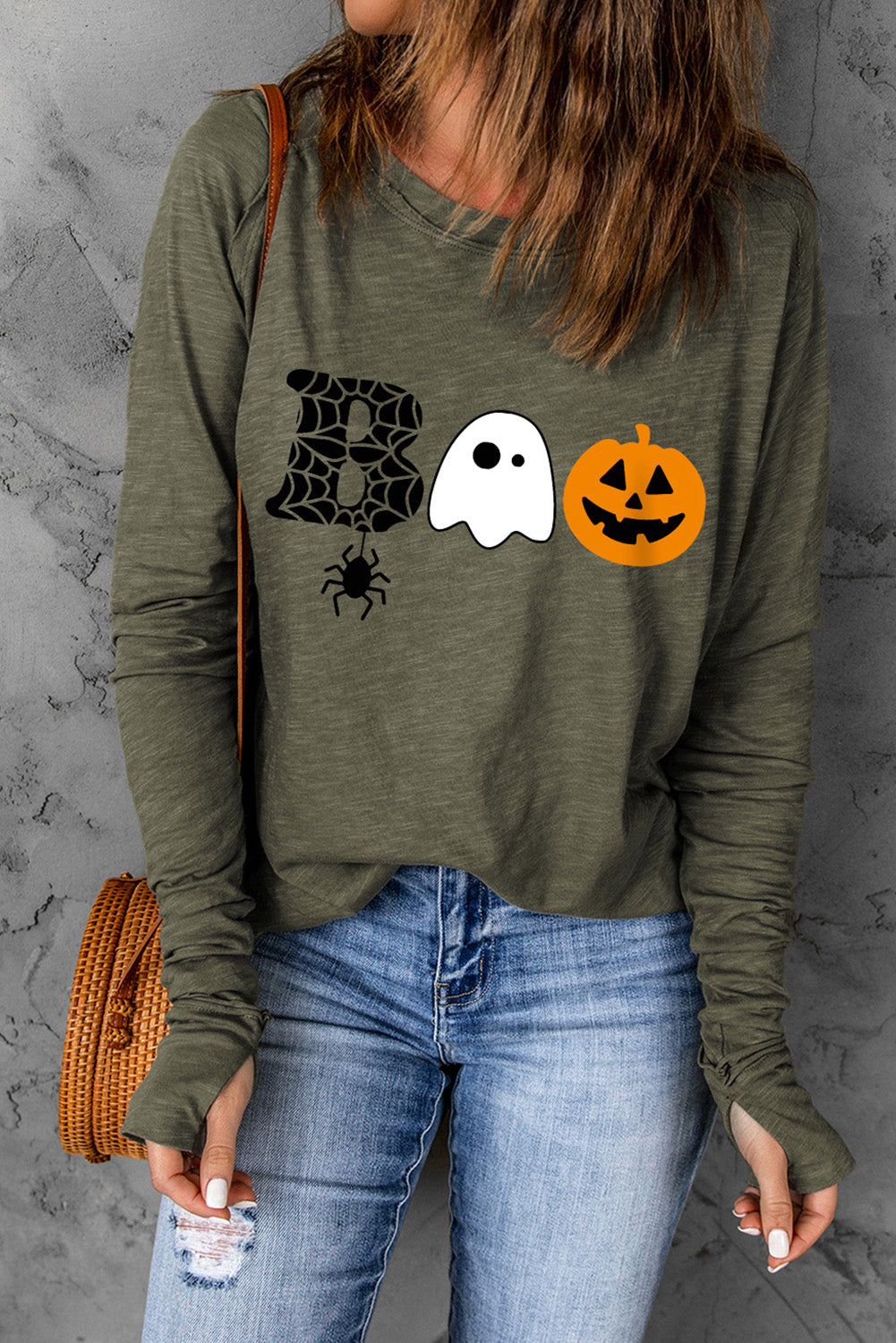 Green Halloween BOO Print Long Sleeve Graphic T Shirt