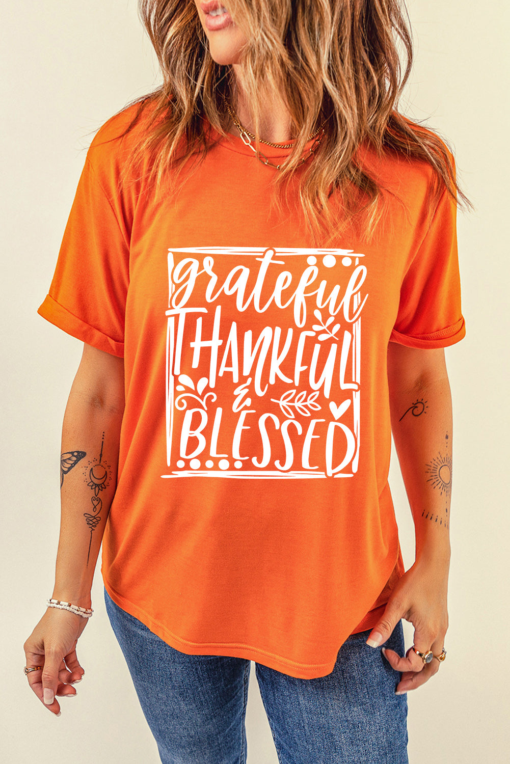 Grateful Thankful Blessed Printed Thanksgiving T Shirt | Orange