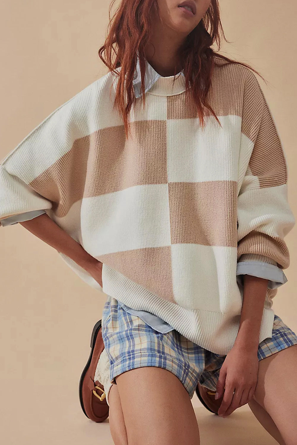 Checkered Side Slits Drop Shoulder Oversized Sweater | Khaki