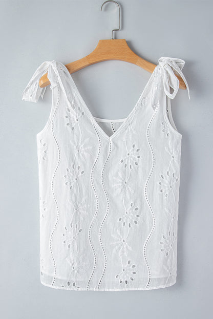 Embroidery Patterned Knotted Straps V Neck Tank Top | White