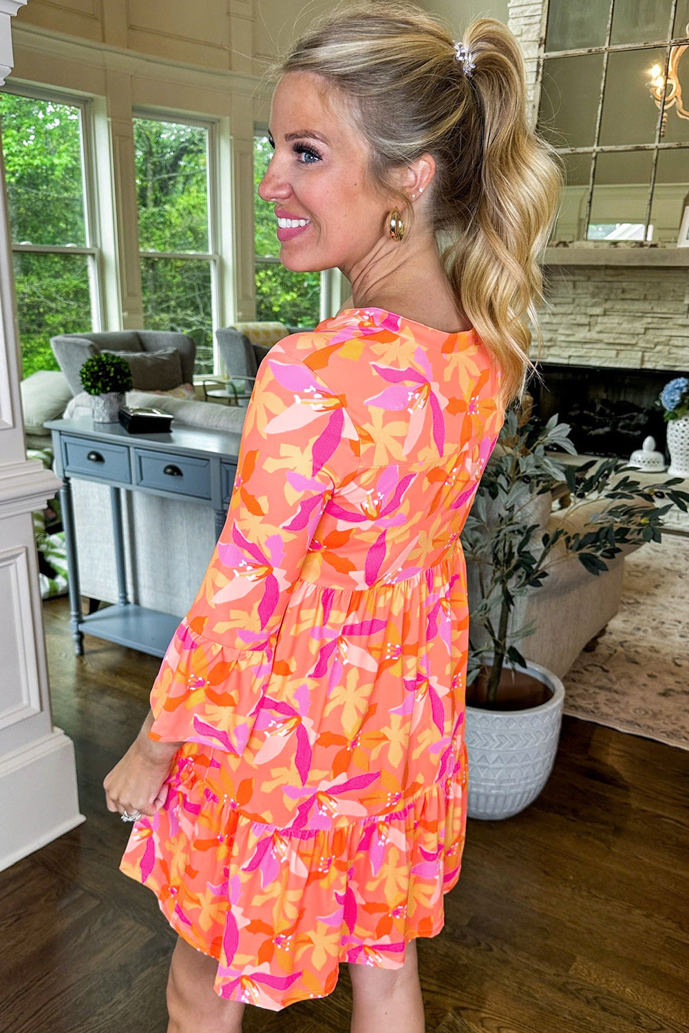 Abstract Print Ruffled Sleeve V Neck Dress | Orange