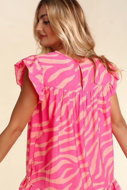 Zebra Stripe Printed Ruffle Trim Pocketed Dress | Pink