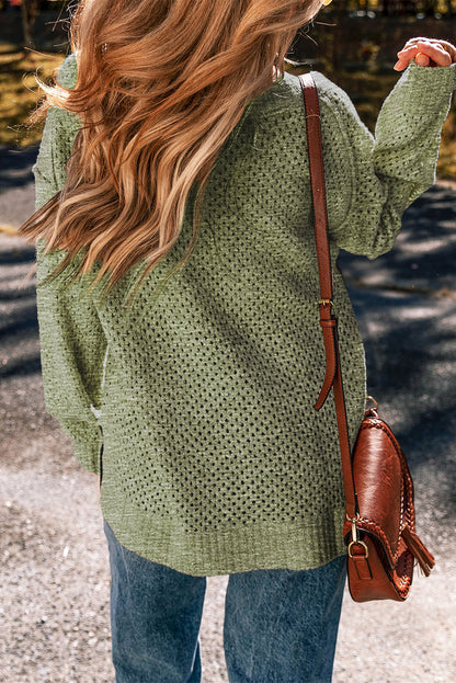 Loose Eyelet V Neck Drop Shoulder Sweater | Jungle Green