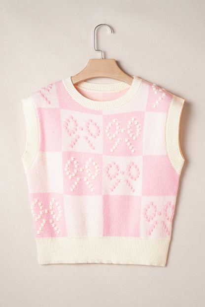 Preppy Bow Detail Checkered Sweater Vest | Pink