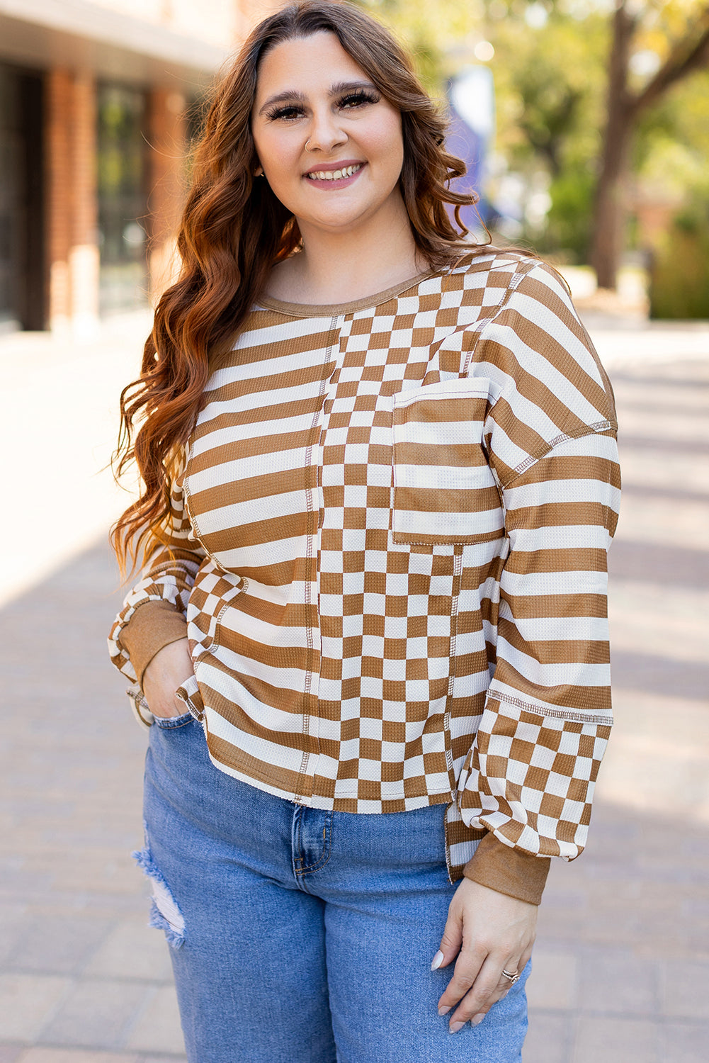 Striped Checkered Mixed Print Chest Pocket Casual Plus Size Top | Khaki