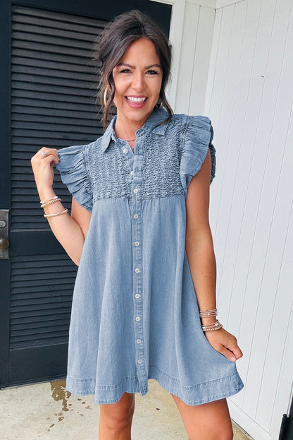 Flutter Sleeve Shirred Detail Button Up Denim Mini Dress | Beau Blue