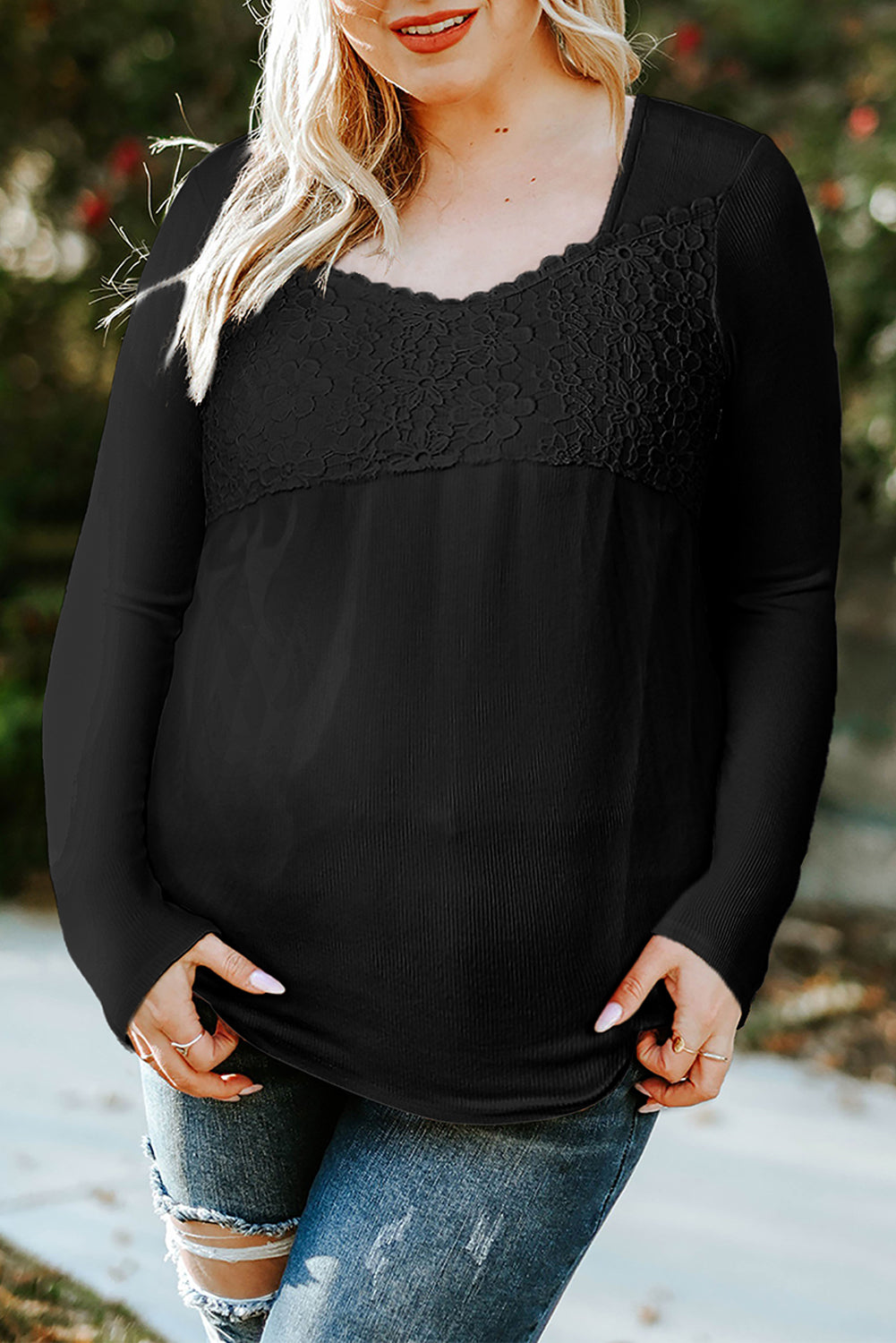 Lace Crochet V Neck Long Sleeve Top | Black