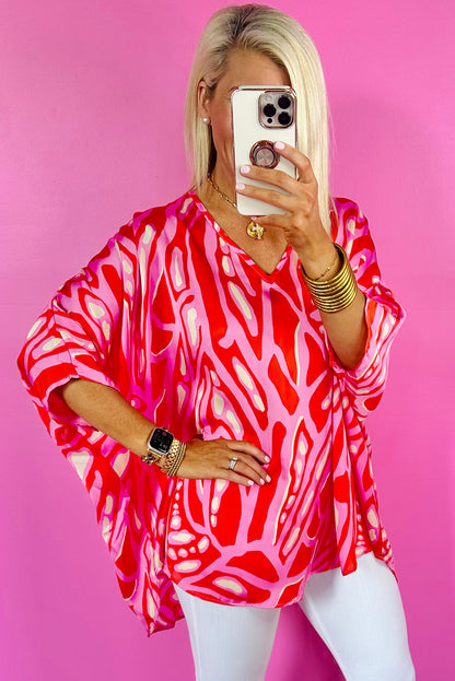 Abstract Print V Neck Batwing Sleeve Oversized Blouse | Red