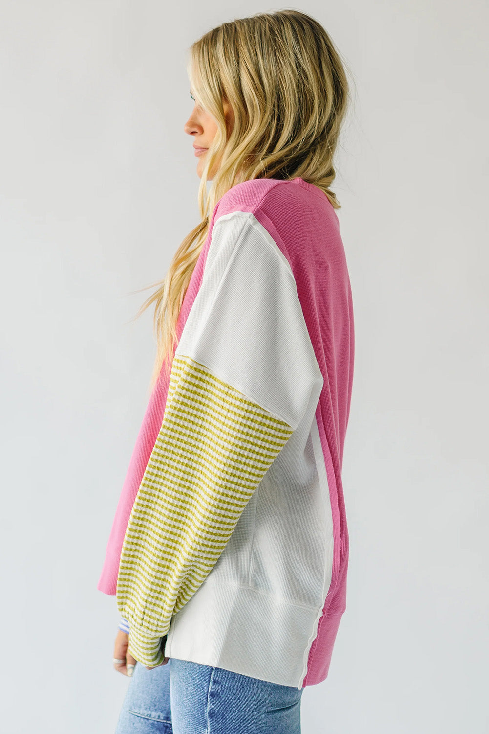 Exposed Seam Striped Colour Block Patchwork Long Sleeve Top | Sachet Pink