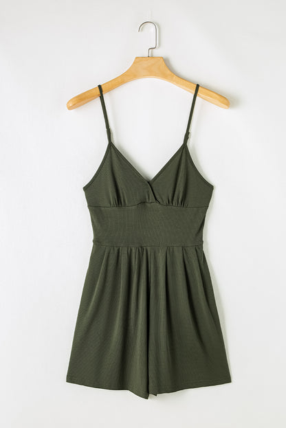 Spaghetti Straps Cinched Waist Ribbed Romper | Moss Green