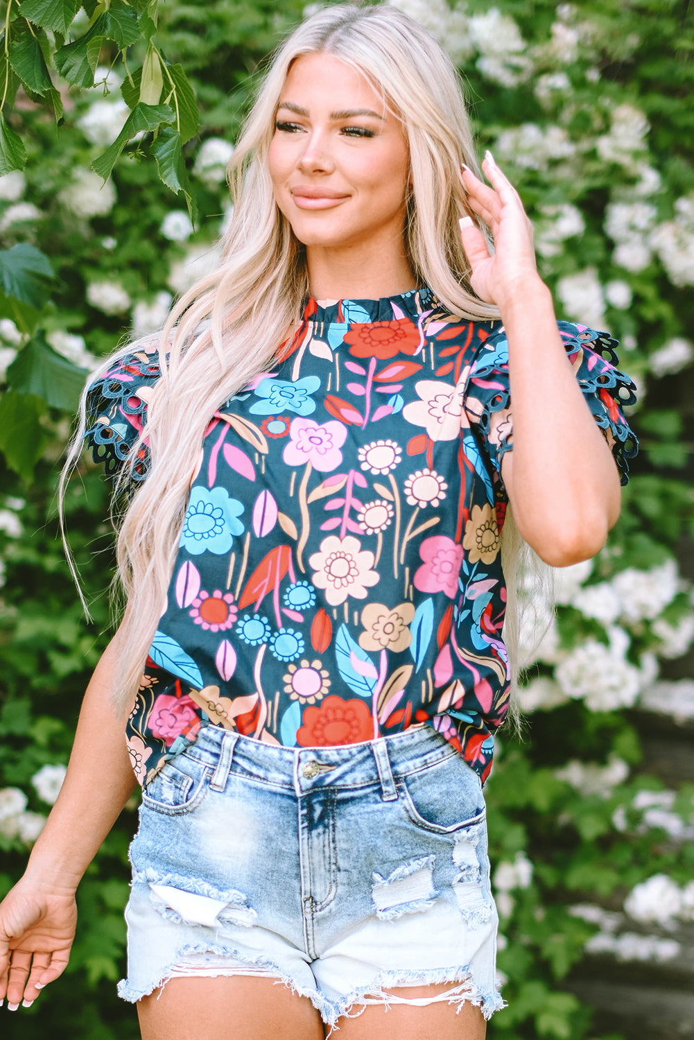 Trimmed Ruffle Sleeve Summer Floral Blouse | Green