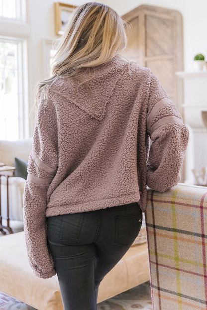 Dusty Pink Collared Neckline Half Zip Fluffy Pullover Sweatshirt | dusty pink