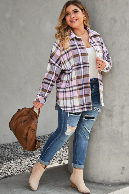 Plus Size Plaid Fringed Back Button Shacket | Pink