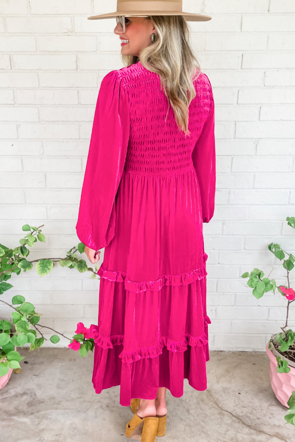 Shirred V Neck Long Sleeve Velvet Dress | Rose Red