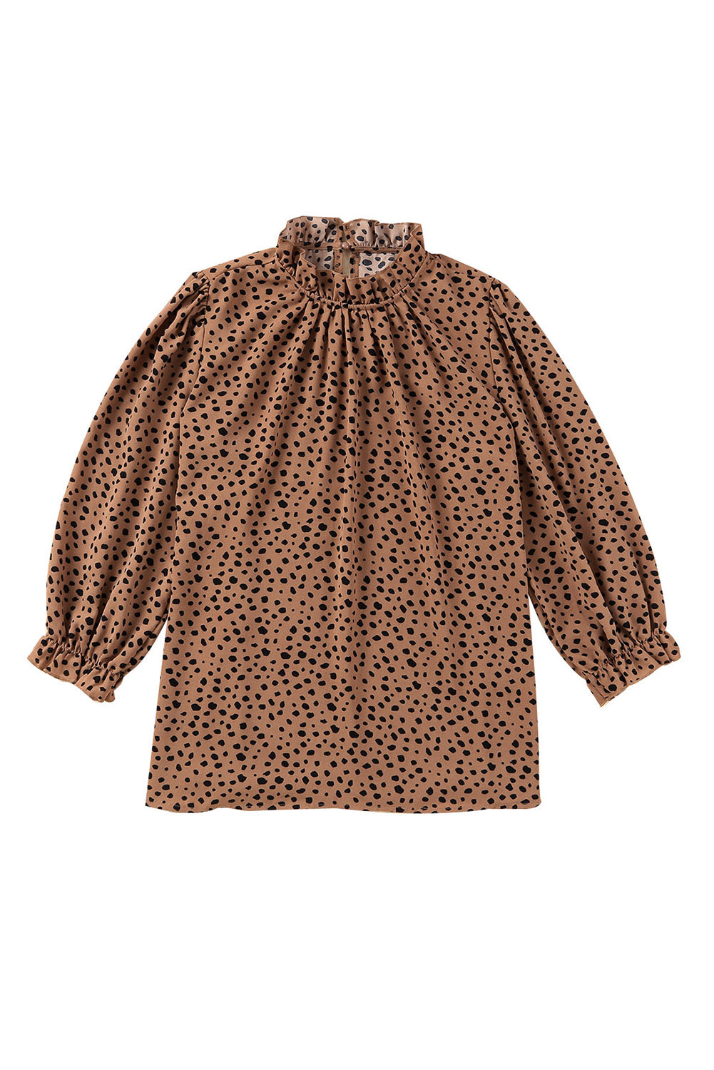 Frilled Neck 3/4 Sleeves Cheetah Blouse | Brown