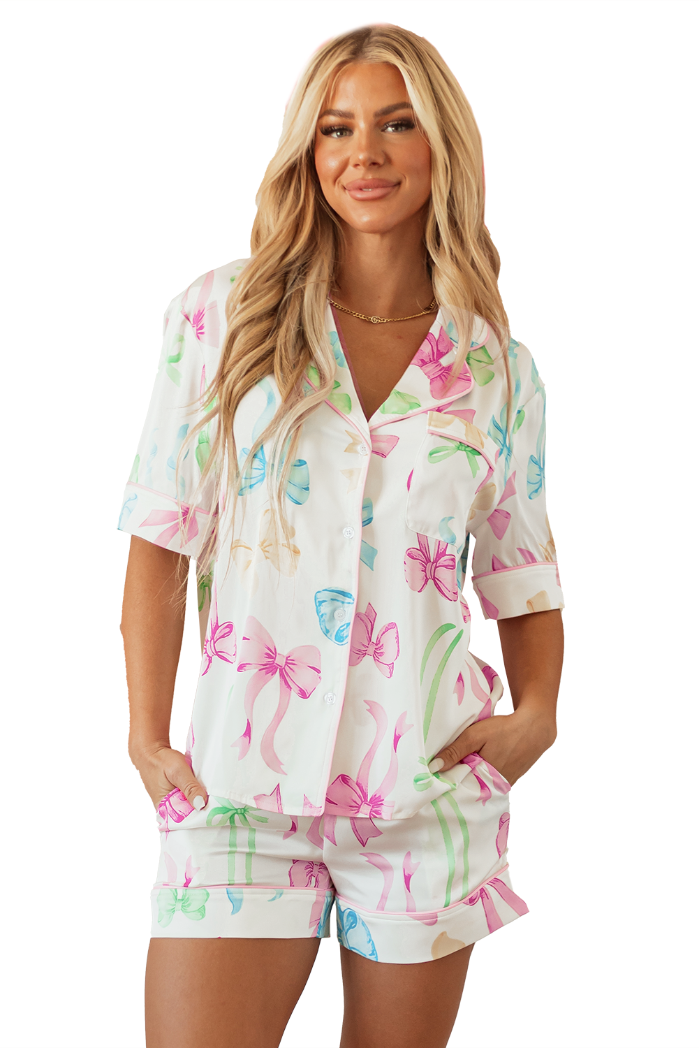 Bowknot Print Buttoned Shirt High Waist Shorts Pajama Set | White