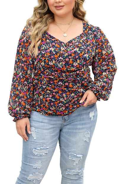 Plus Size V Neck Bubble Sleeve Floral Blouse | Black