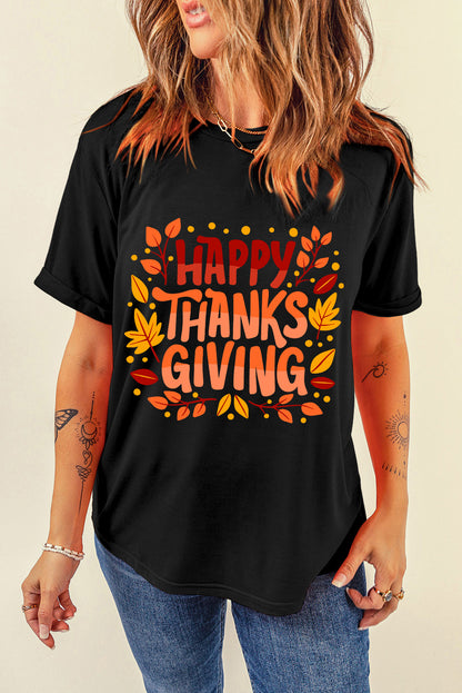 Happy Thanksgiving Leaves Print Crew Neck T Shirt | Black