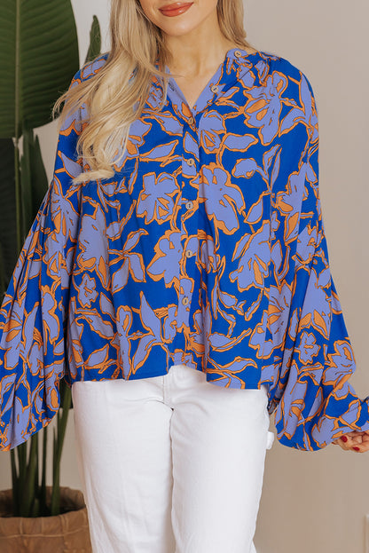 Floral Print Batwing Sleeve Buttoned Loose Fit Shirt | Blue