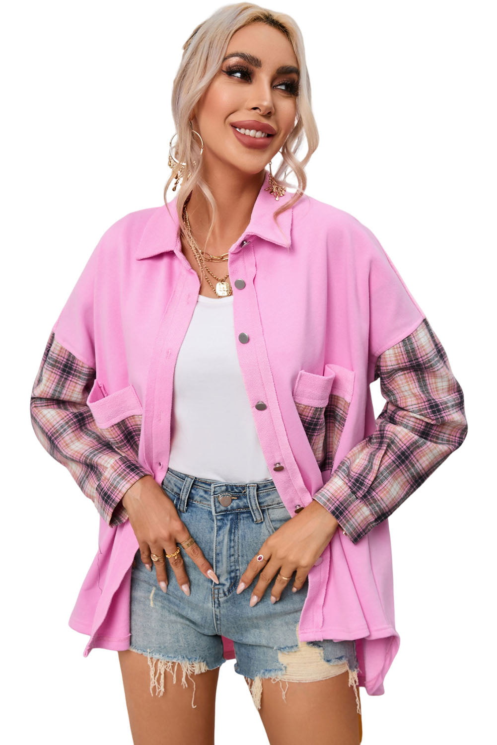 Plaid Patchwork Chest Pockets Oversized Shirt Jacket | Rose