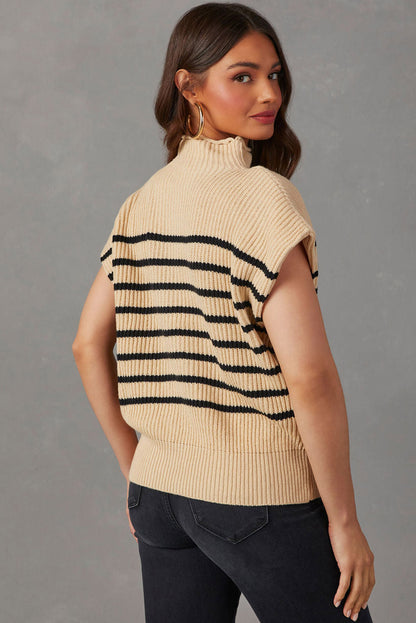 Striped Ribbed Knit High Neck Sweater | Parchment