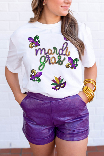 Sequin Mardi Gras Pattern Graphic Crew Neck Tee | White