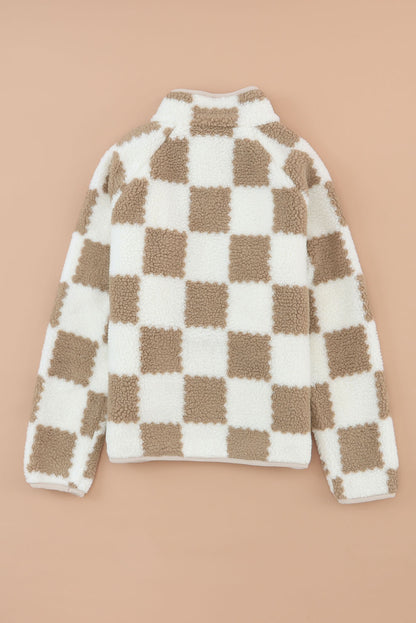 Checked Snap Button Sherpa Jacket | Brown