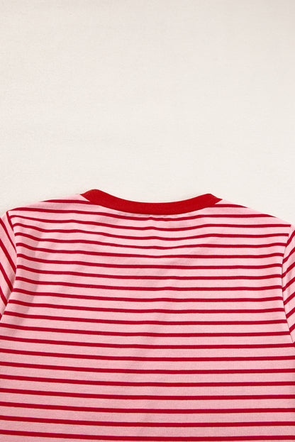 Crew Neck Casual T Shirt | Pink Stripe