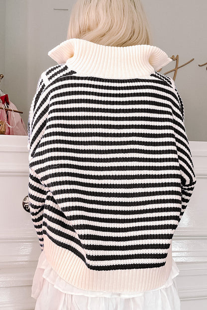 Zip Up Collar Drop Shoulder Sweater | Black Stripe