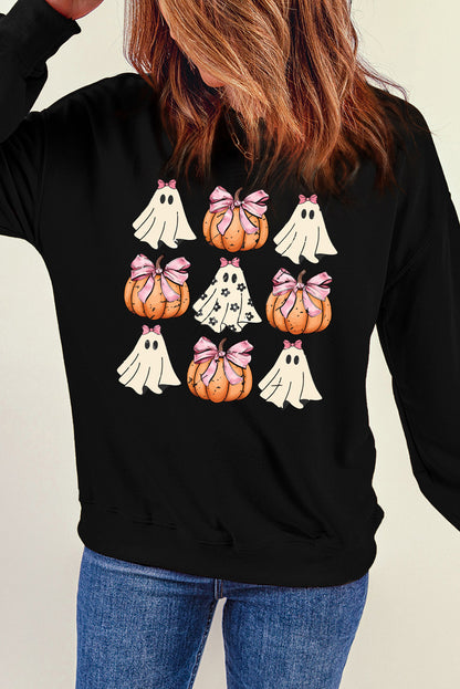 Halloween Bowknot Ghost Pumpkin Graphic Crewneck Sweatshirt | Black