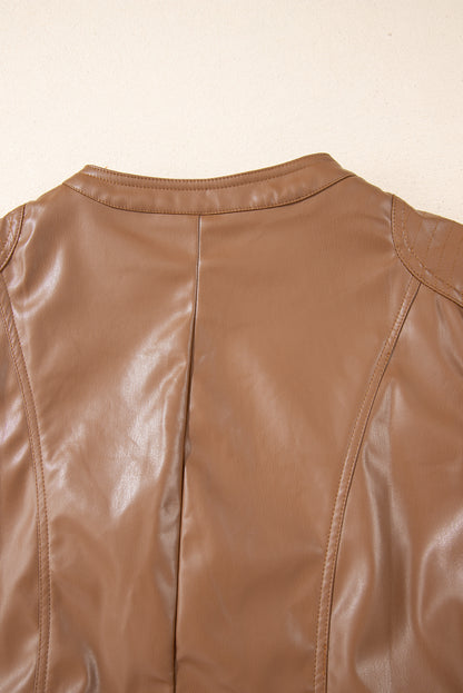 Solid Faux Leather Zipper Slim Fit Bomber Jacket | Chestnut