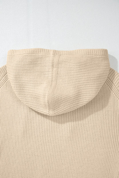 Solid Colour Drawstring Hooded Drop Shoulder Pullover Sweater | Beige