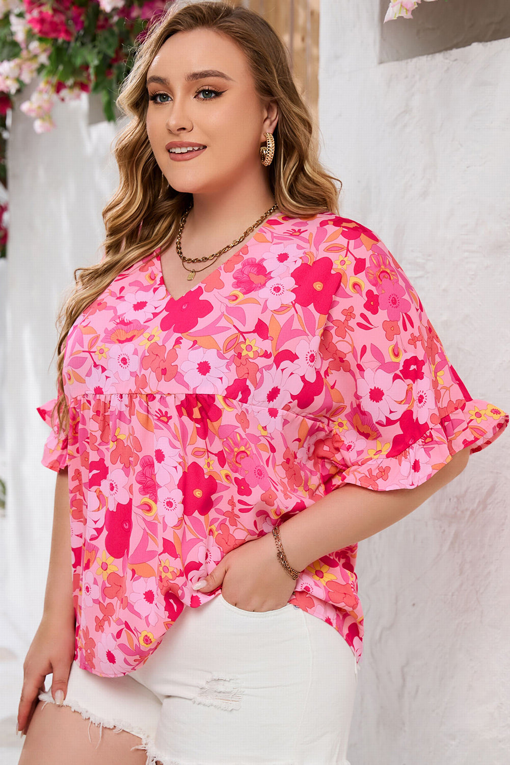 Floral Print Ruffled Half Sleeve Plus Size Babydoll Blouse | Rose