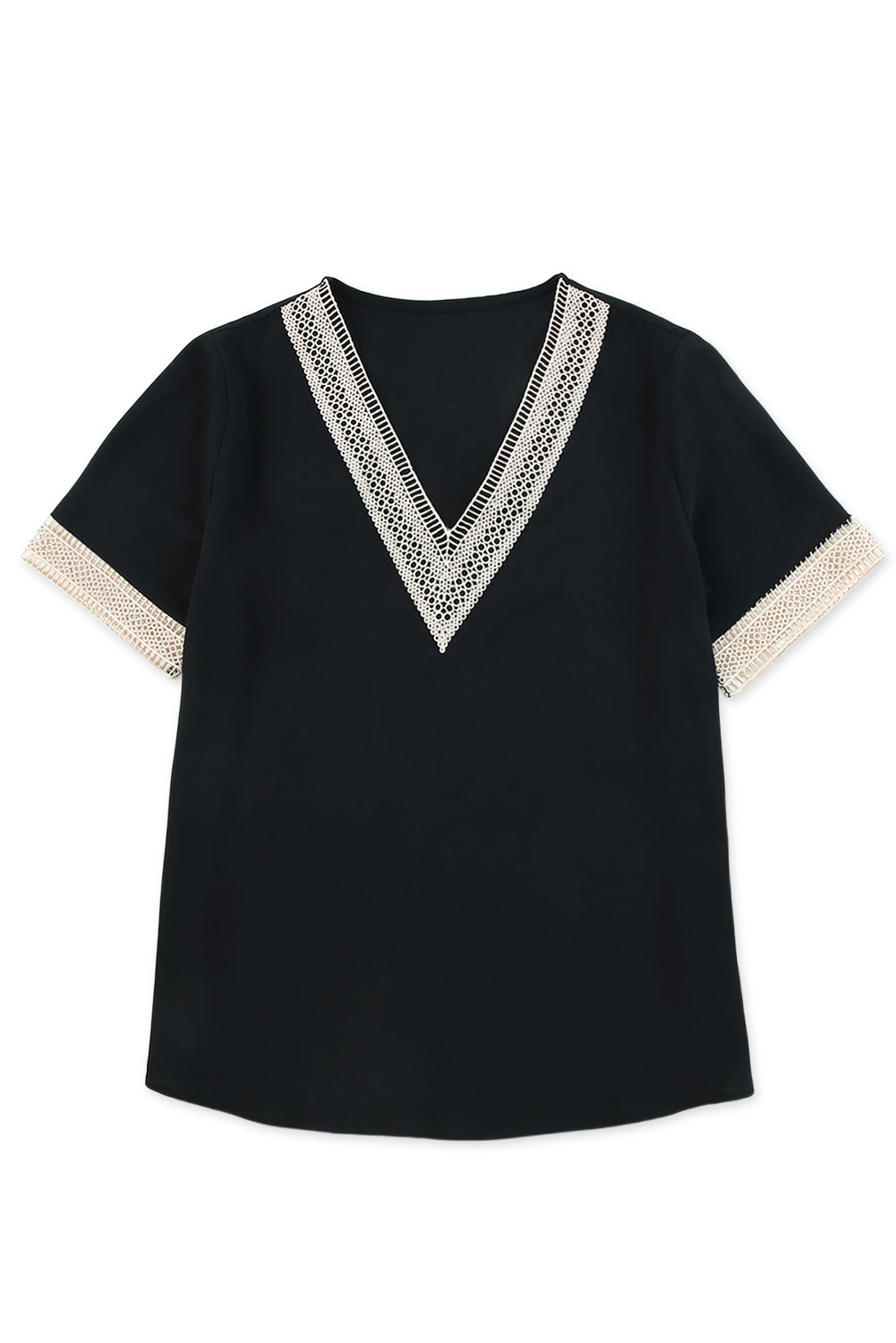 Lace Trim V Neck Short Sleeve Blouse | Black