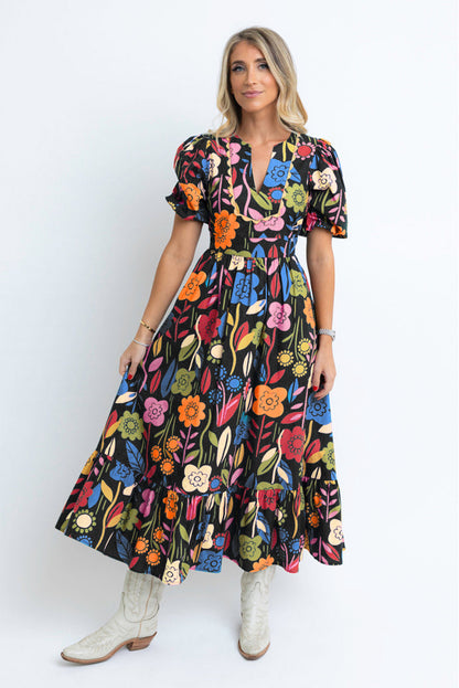 Retro Floral Printed Split Neck Maxi Dress | Black