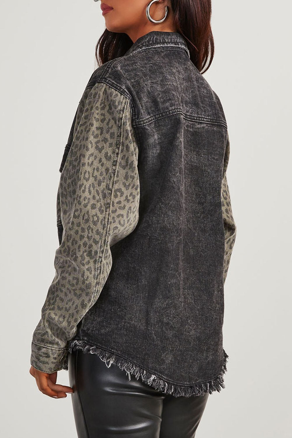 Leopard Patch Pocket Vintage Raw Hem Denim Jacket | Black