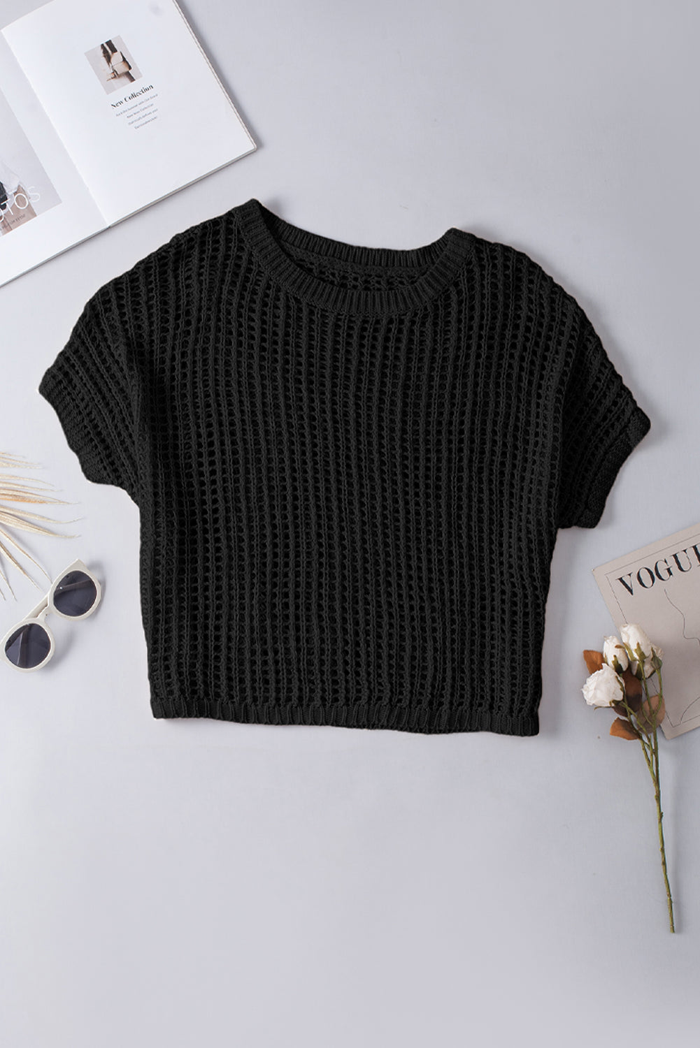 Fishnet Knit Ribbed Round Neck Short Sleeve Sweater Tee | Black