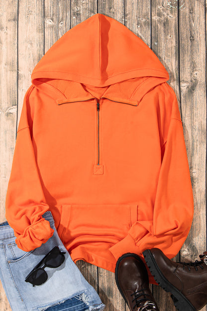 Solid Kangaroo Pocket Half Zipper Oversized Hoodie | Orange