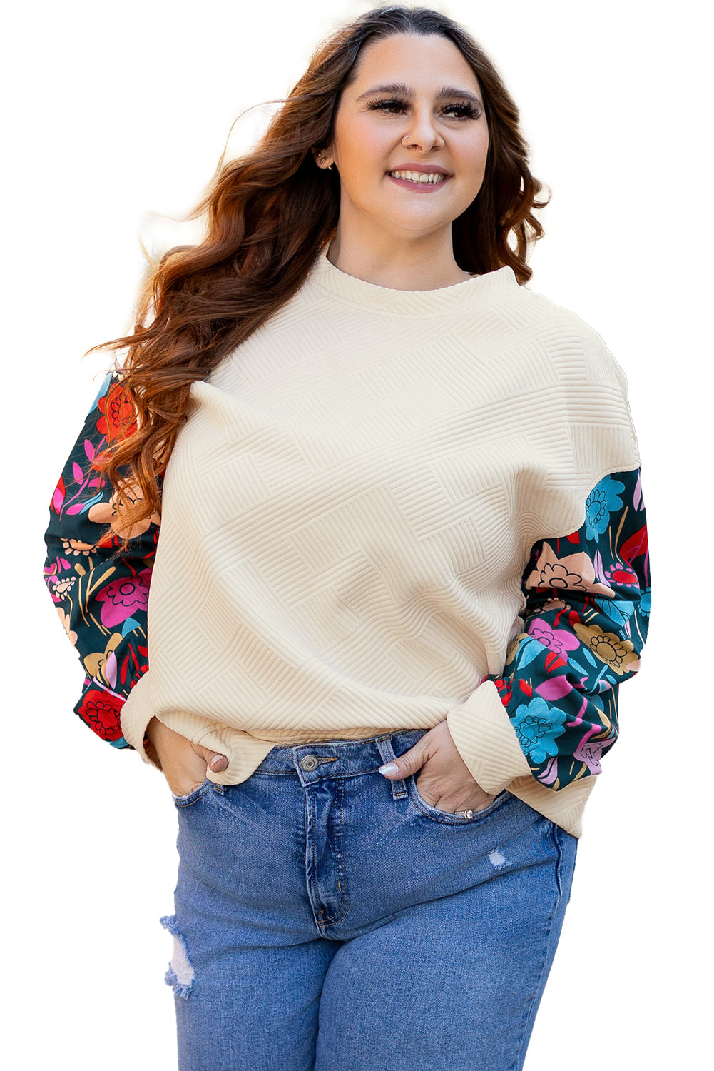 Floral Patchwork Sleeve Textured Plus Size Pullover Top | White