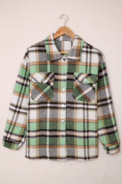 Geometric Plaid Print Pocketed Shacket | Green