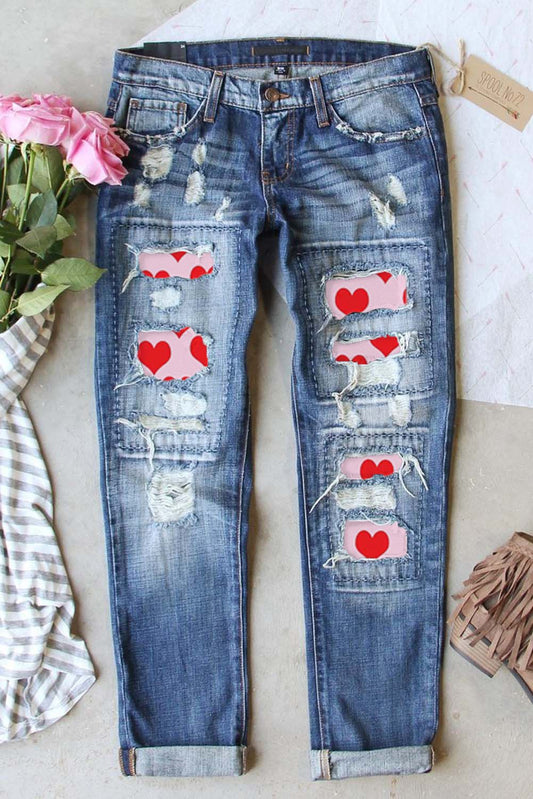 Sky Blue Valentines Day Heart Patchwork Distressed Jeans