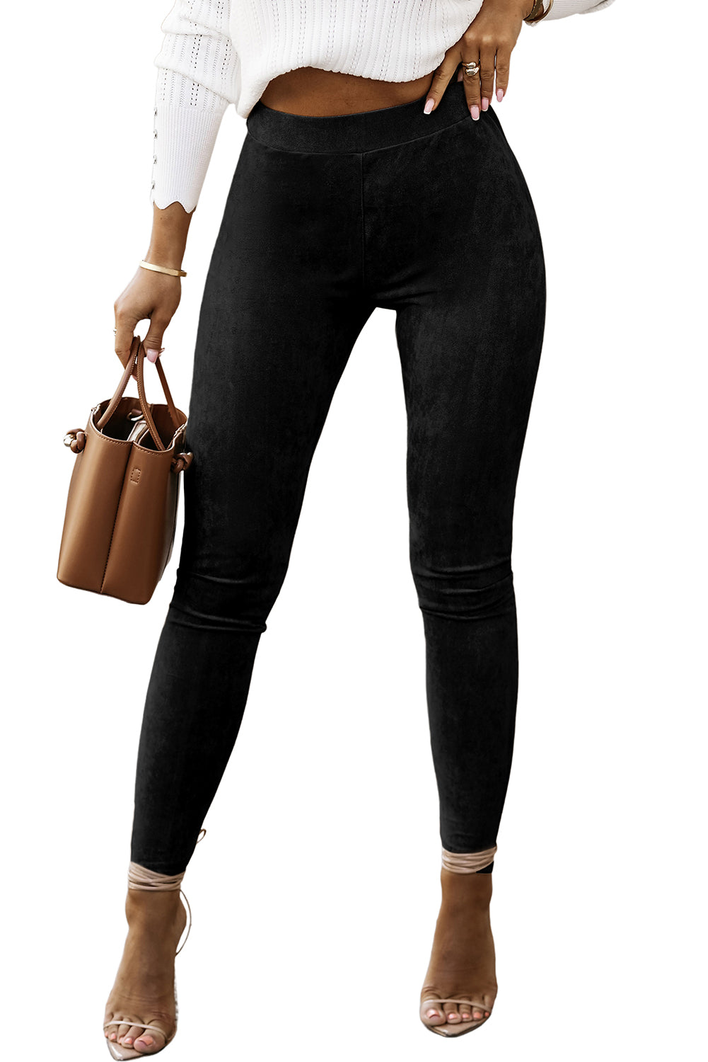 High Waist Faux Suede Skinny Leggings | Black