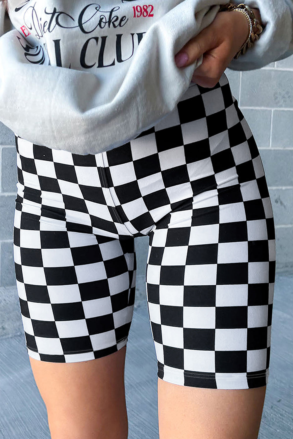 Checkerboard Printed High Waist Biker Shorts | Black