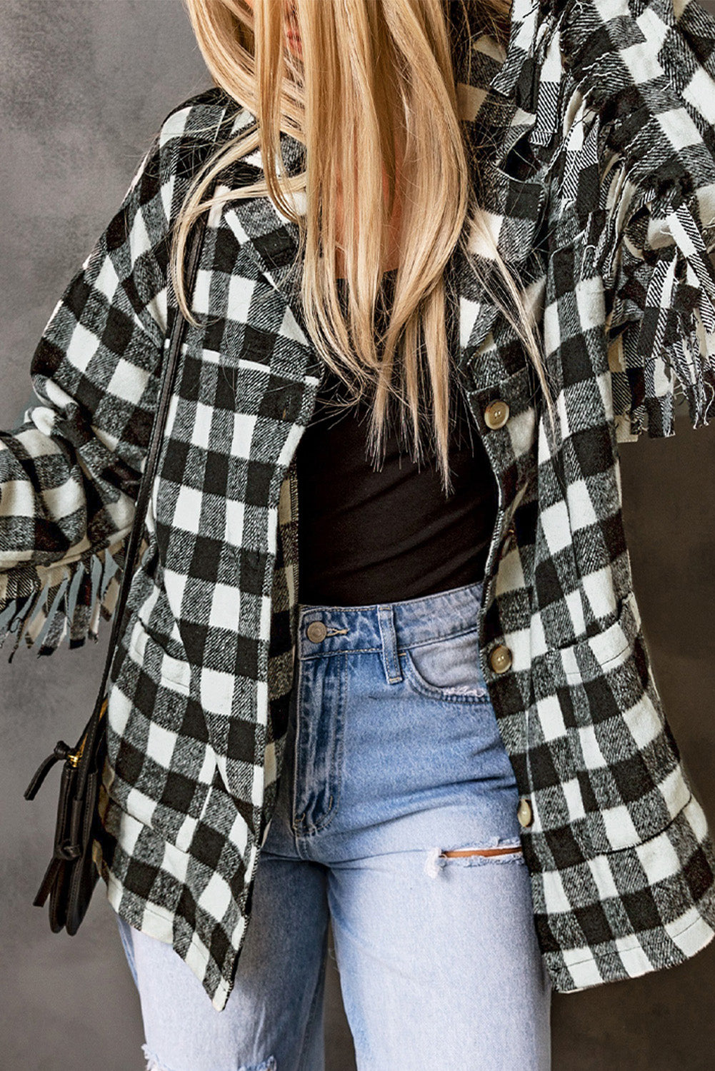 Fringed Plaid Print Shacket | Black