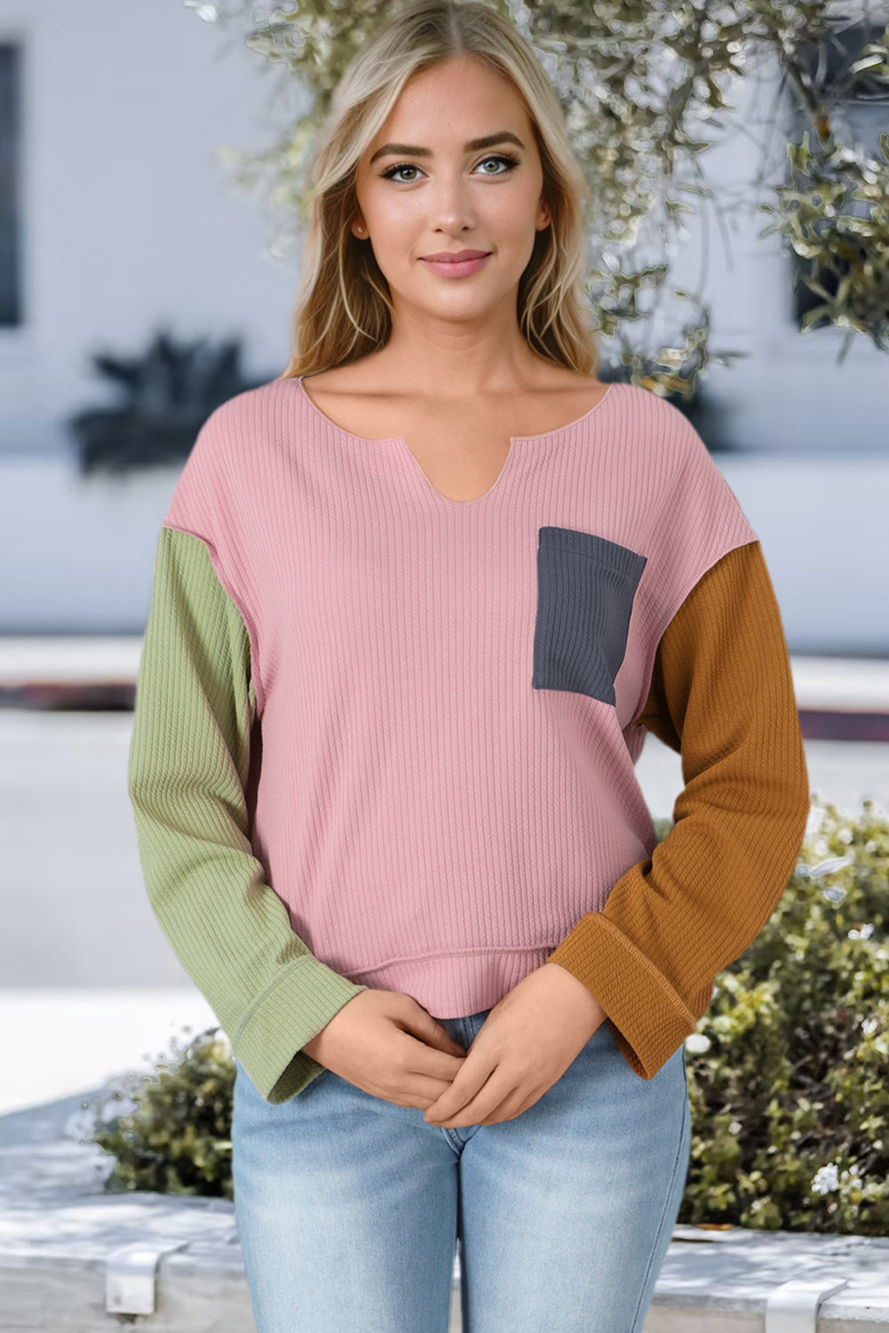 Colourblock Rib Textured Loose Long Sleeve Top | Pink